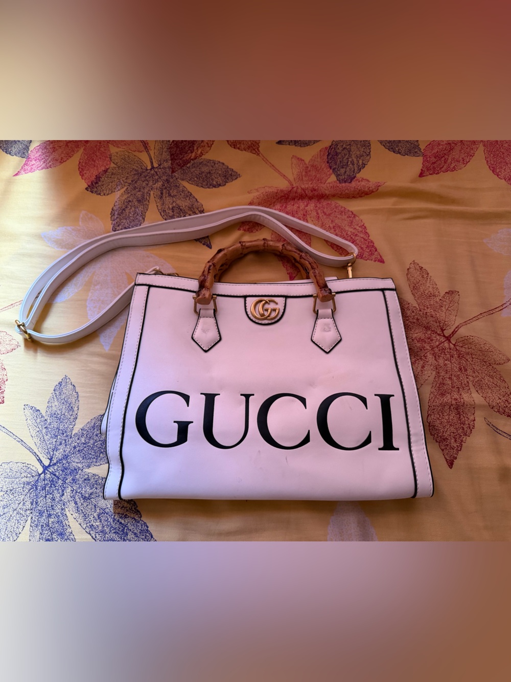 Gucci White Leather Logo Tote with Bamboo Handles